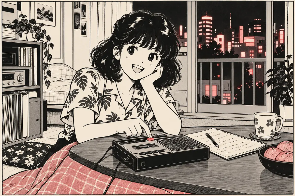 Mariya Takeuchi disegnata in stile manga anni 80 mentre registra una cassetta in casa, con Tokyo di notte fuori dalla finestra