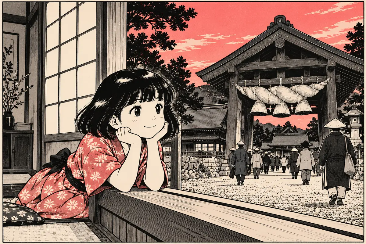 Mariya Takeuchi bambina in stile manga affacciata sul viale del santuario di Izumo Taisha, tra i pellegrini