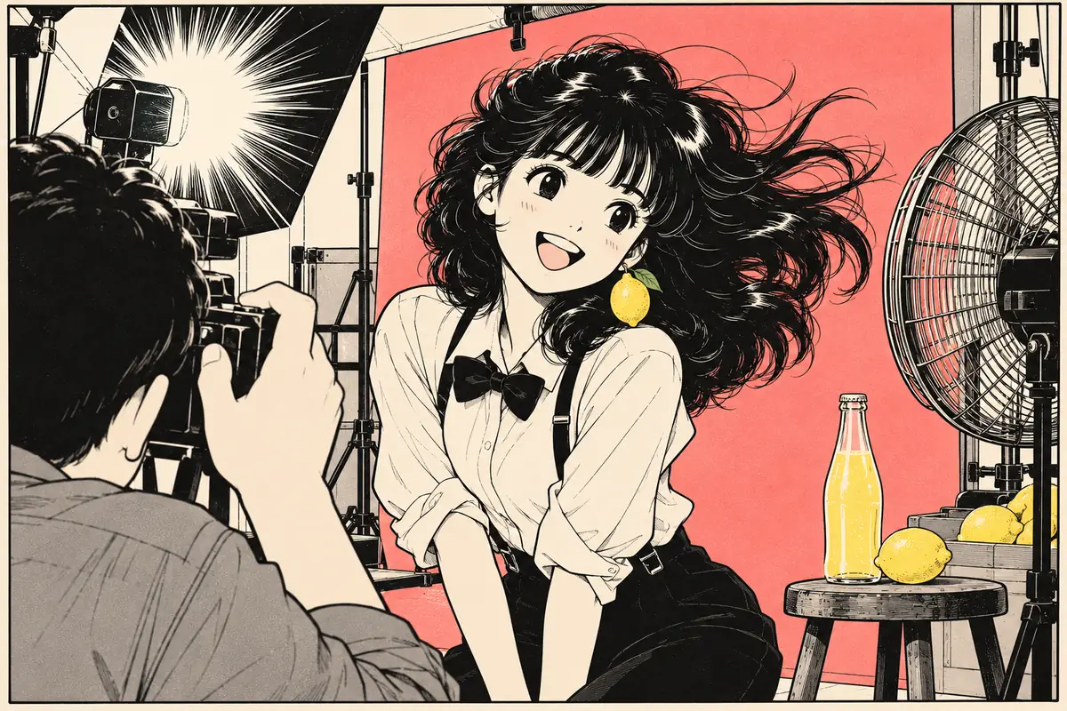 Mariya Takeuchi in stile manga con il limone appeso all'orecchio sul set dello spot Kirin Lemon