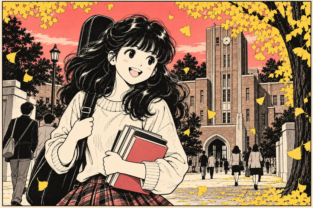 Mariya Takeuchi studentessa in stile manga con libri e chitarra davanti all'università, tra le foglie di ginkgo