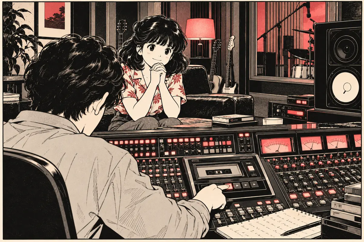 Tatsuro Yamashita al banco di regia mentre Mariya Takeuchi ascolta Plastic Love in studio, illustrazione in stile manga