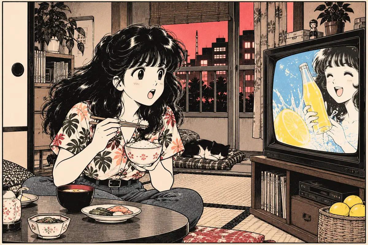 Mariya Takeuchi in stile manga a cena davanti al televisore che trasmette lo spot Kirin Lemon