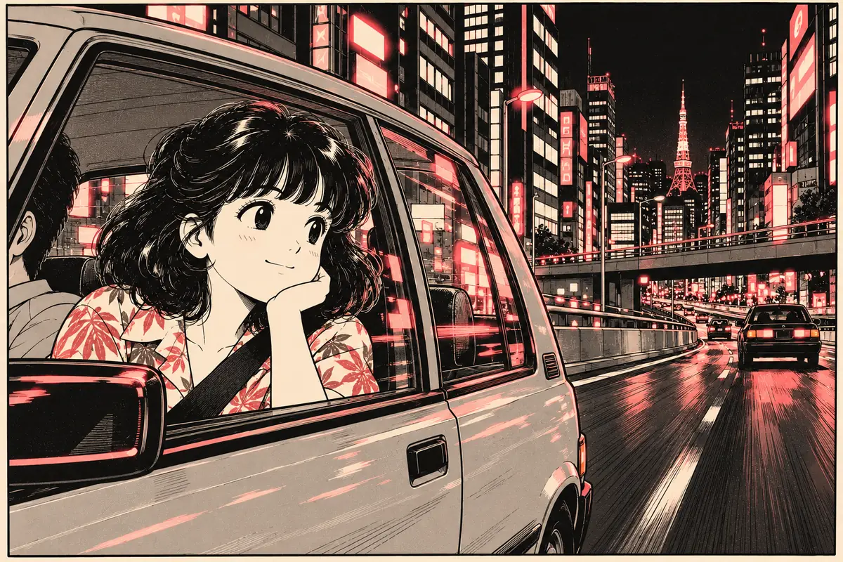 Mariya Takeuchi in stile manga in auto su una sopraelevata di Tokyo di notte, con la Tokyo Tower sullo sfondo