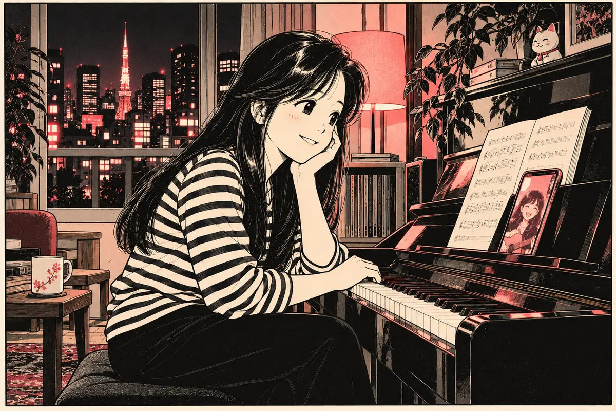 Una ragazza di oggi in stile manga al pianoforte con lo smartphone sul leggio, davanti a Tokyo di notte
