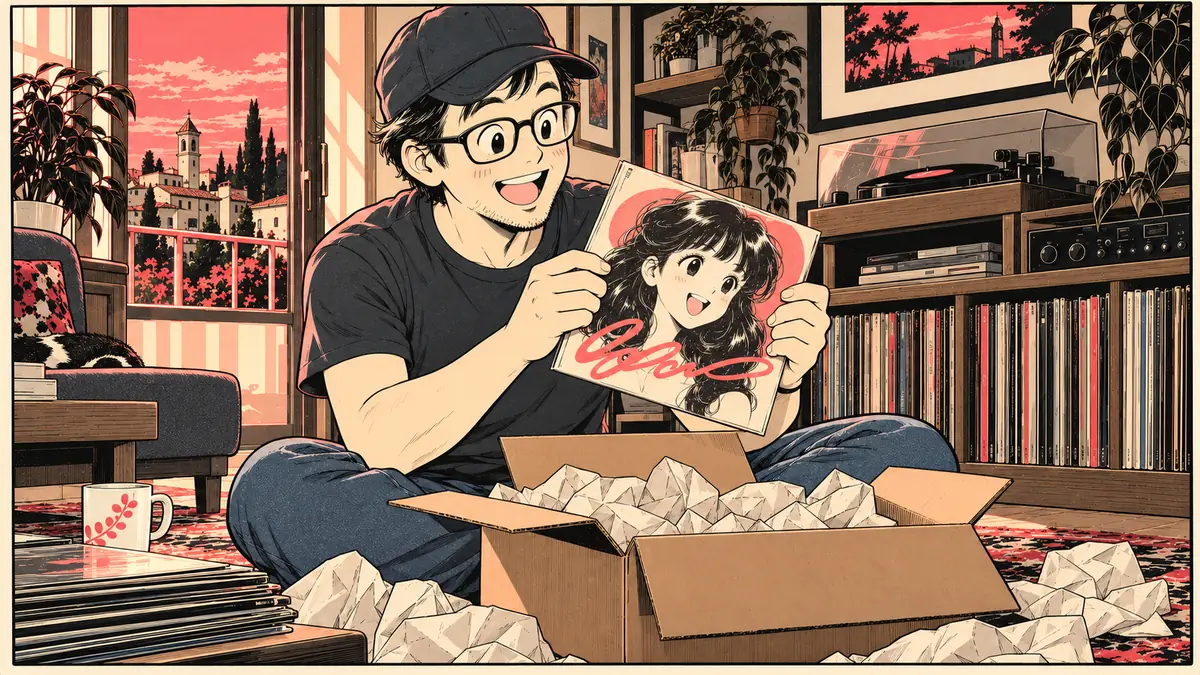Un collezionista con cappellino e occhiali apre il pacco con un vinile di Mariya Takeuchi, illustrazione in stile manga