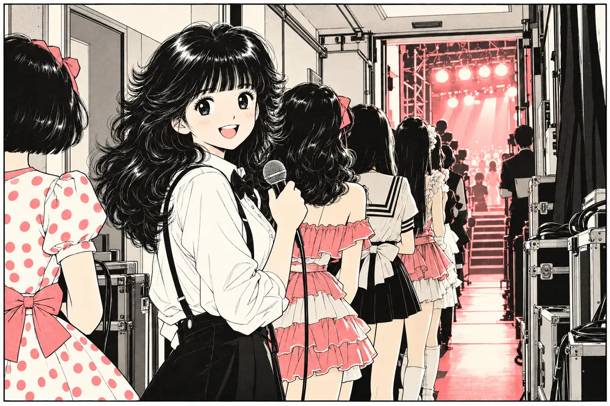 Mariya Takeuchi in stile manga dietro le quinte di un concerto insieme ad altre cantanti del City Pop
