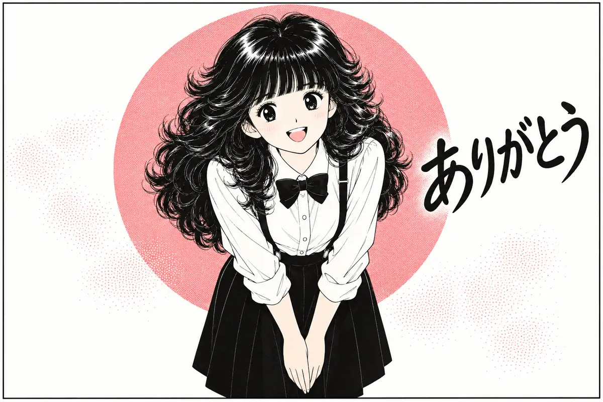 Mariya Takeuchi in stile manga si inchina davanti al lettore con la scritta arigatō in giapponese