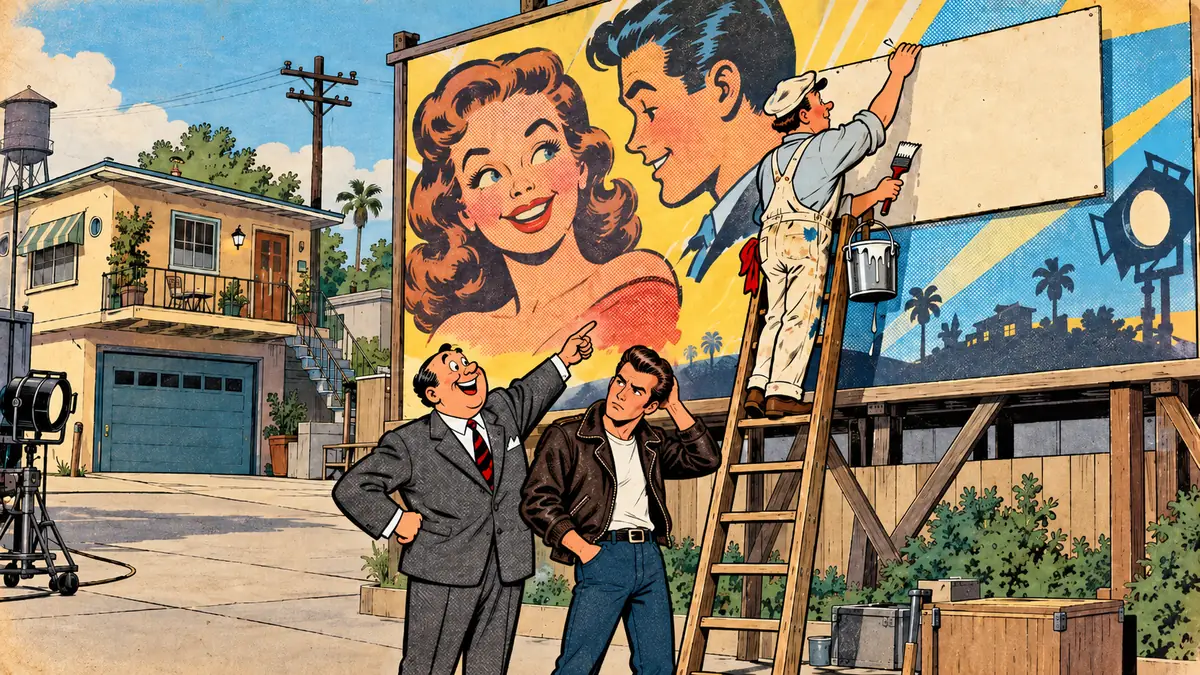 Imbianchino che aggiunge un nome sul cartellone di una serie tv mentre il produttore indica entusiasta