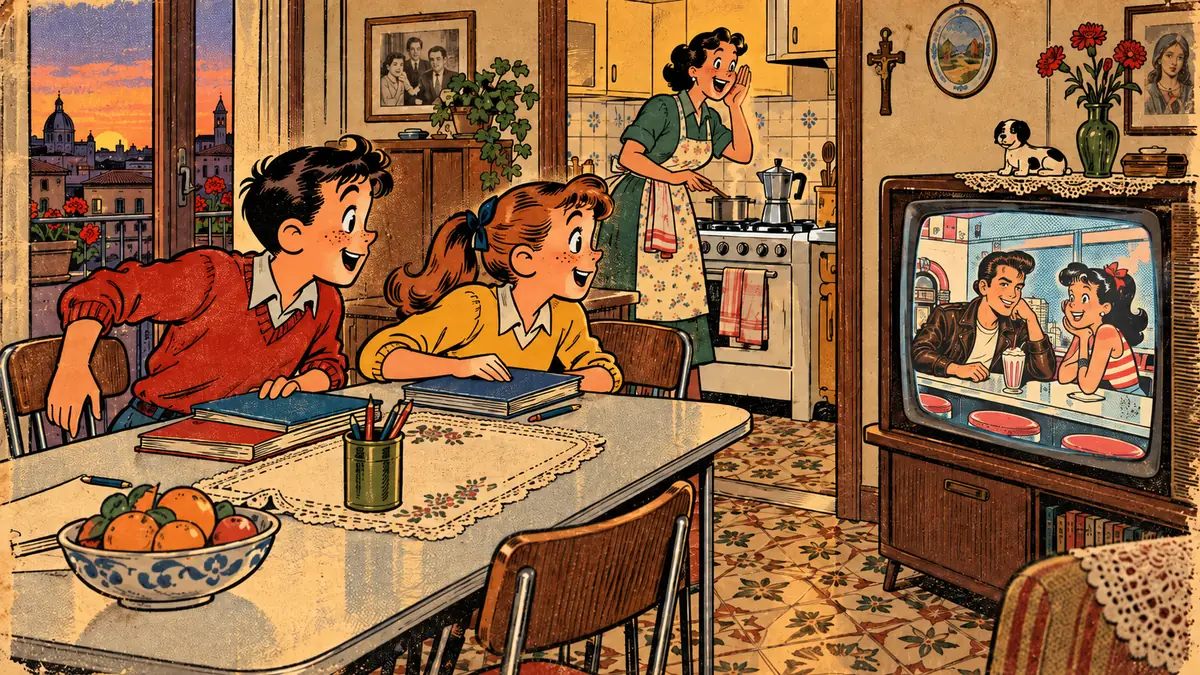 Due ragazzi chiudono i libri per guardare la tv in una cucina italiana degli anni Ottanta, illustrazione a fumetti