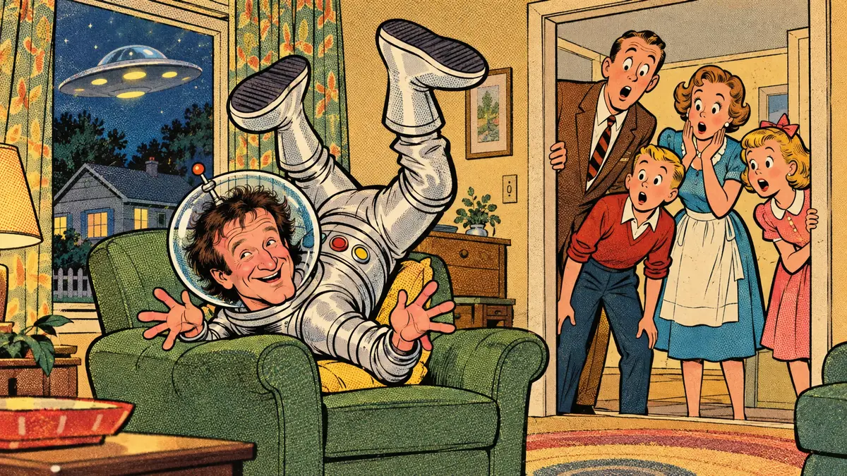Alieno in tuta argentata a testa in giù su una poltrona davanti a una famiglia stupita, illustrazione a fumetti