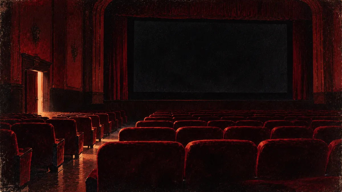 Un cinema con la saracinesca abbassata in una città deserta, sotto uno schermo gigante che sorge come una luna rossa