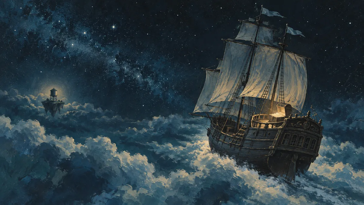Due galeoni che si contendono un vecchio studio cinematografico sospeso tra le stelle, mentre uno dei due si allontana con un forziere