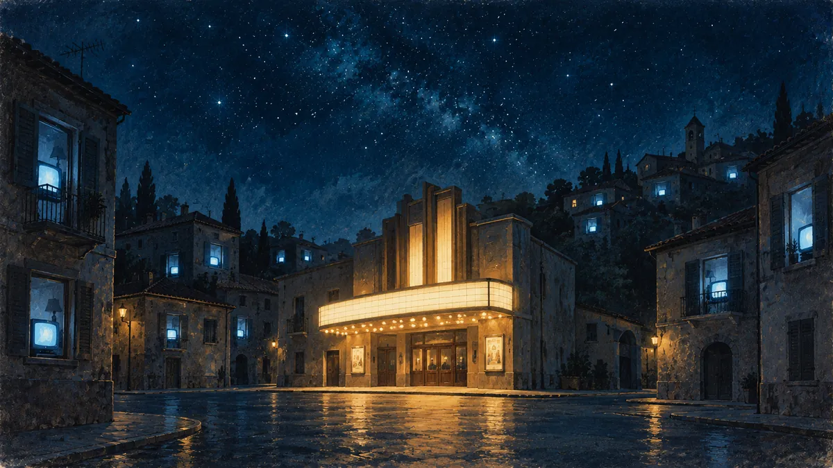 Spettatori degli anni Ottanta che lasciano un cinema di paese per seguire un enorme televisore sospeso nel cielo stellato