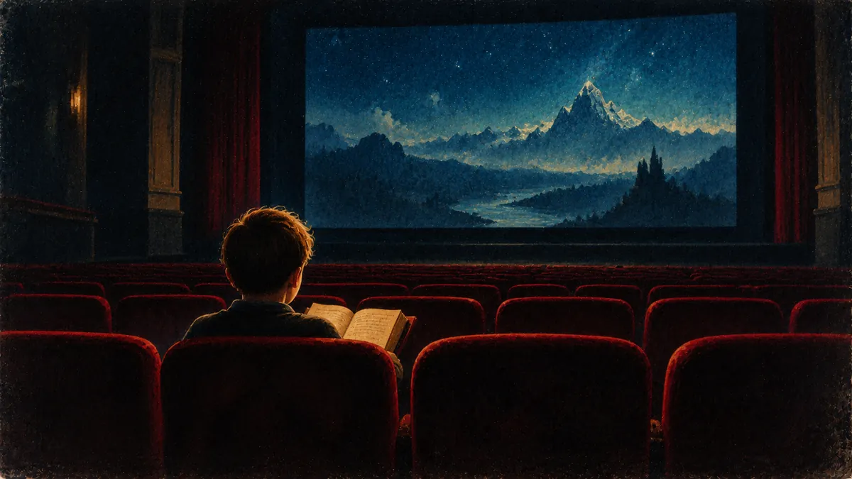 Un ragazzo seduto da solo nell'ultima fila di un cinema buio con un libro aperto sulle ginocchia, mentre lo schermo si apre su un mondo fantastico