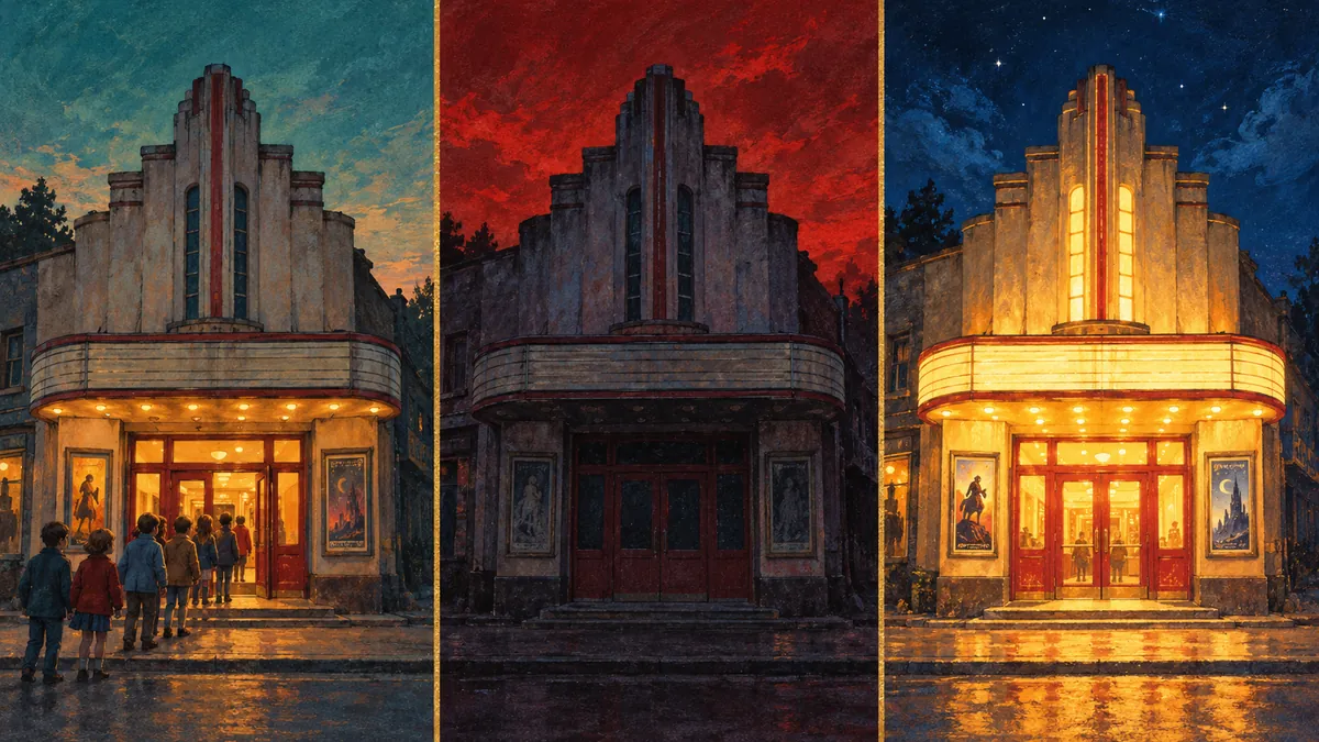 Trittico dipinto con un cinema di paese degli anni Ottanta, una sala vuota del 2020 e una sala gremita del 2027
